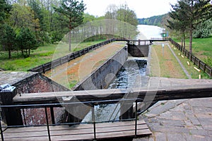 Paniewo Lock, the ninth lock and the only twin-chamber lock on the Augustow Canal in Poland.
