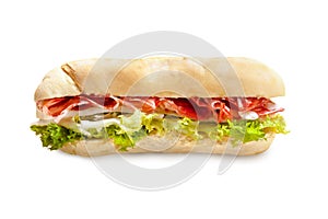 Panino from Italy with Salami Mozzarella Cheese Isolated on White Background