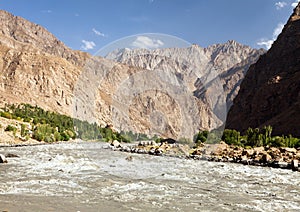 Panj or Amu Darya river and Pamir mountains Tajikistan