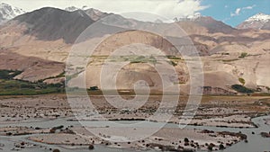 Panj River and Pamir Mountains, Panj Is Upper Part of Amu Darya River. Panoramic View, Tajikistan and Afghanistan Border