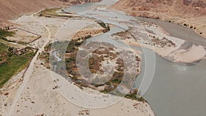 Panj River and Pamir Mountains, Panj Is Upper Part of Amu Darya River. Panoramic View, Tajikistan and Afghanistan Border