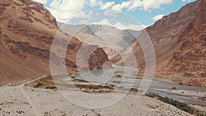 Panj River and Pamir Mountains, Panj Is Upper Part of Amu Darya River. Panoramic View, Tajikistan and Afghanistan Border