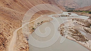 Panj River and Pamir Mountains, Panj Is Upper Part of Amu Darya River. Panoramic View, Tajikistan and Afghanistan Border