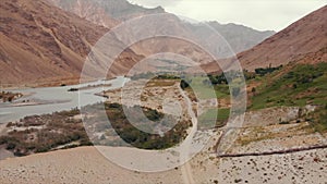 Panj River and Pamir Mountains, Panj Is Upper Part of Amu Darya River. Panoramic View, Tajikistan and Afghanistan Border