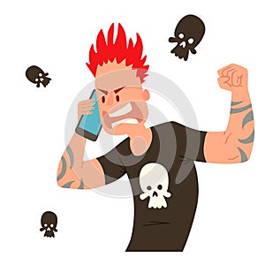 Pank ugly aggressive man character talking his cell phone vector illustration