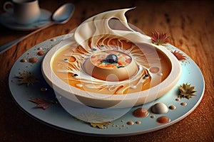 Panna Cotta with autumnal leaves on wooden background