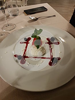 Panna cotta with berries and menta with strawberrie photo