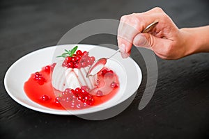 Panna cotta with currant syrup in white plate and hand with spoon on a dark background and berries. Traditional italian dessert.