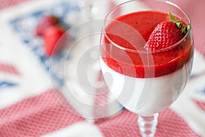 Panna cotta dessert with strawberry sirup