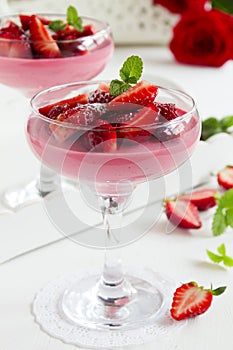 Panna cotta dessert with strawberry sirup