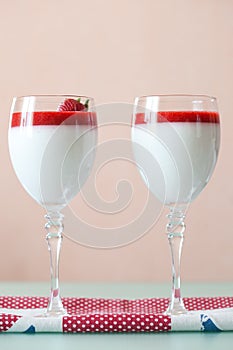 Panna cotta dessert with strawberry sirup