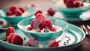 Panna cotta with rasberries, generative ai