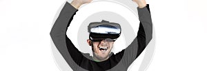 Panned bearded happy young nice and modern with vr glasses that enjoy virtual reality