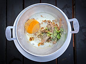 Panned egg with pork toppings photo