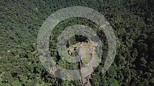 Panning drone view of the Lost City, ancient site in Colombia in the jungle