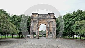 Panning of McLennan Arch at Glasgow Green park in Scotland which was built in 1892