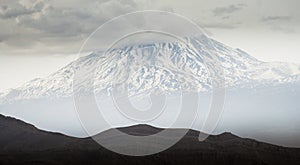 Panning panorama Ararat mountain peak close up with clouds