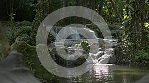 Panning shot fresh water rapids flowing into the natural pond under sunshine in the jungle.