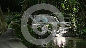 Panning shot fresh water rapids flowing into the natural pond under sunshine in the jungle.