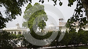 Panning shot of the garden of beautiful  ancient white marble outer interiors architectures of red fort delhi-Panning shot