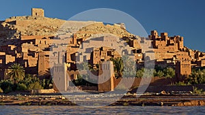 Panning shot of Ksar of Ait-Ben-Haddou, Morocco. Fortified village, great example of Moroccan earthen clay architecture