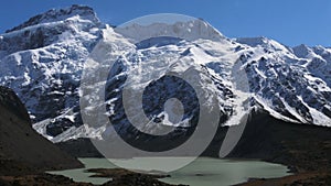 Panning shot of a mountain, glacier and lake at mt cook