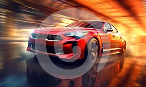 panning shot of a red-colored sport grand tourer car speeding across a wet tunnel highway after rain. Generative AI
