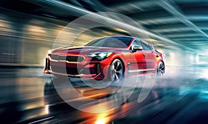 panning shot of a red-colored sport grand tourer car speeding across a wet tunnel highway after rain. Generative AI