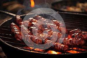 panning shot of sausages over glowing charcoals