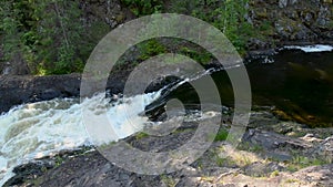 Panning shot of the waterfall in european forest in summer