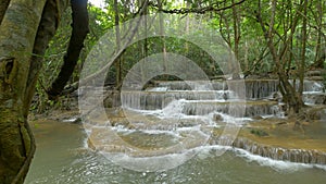 Panning shot of Waterfall in Kanchanaburi, Thailand