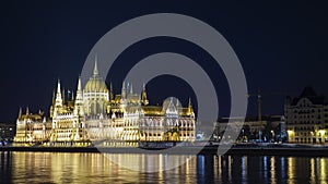 Panning timelapse - the building of the Hungarian Parliament in Budapest. Night lighting