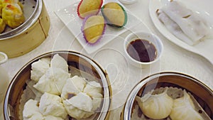 Panning video of Chinese Yum cha with Dim Sum and tea