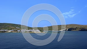 Panning view of Milos island, Greece, on clear sunny day