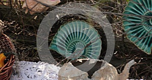 Panning view outdoor still life with wicker basket of fresh harvest vegetables