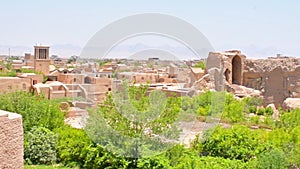 Panning view panorama from Historic castle in Kashan with city buildings background. Explore iran historical heritage