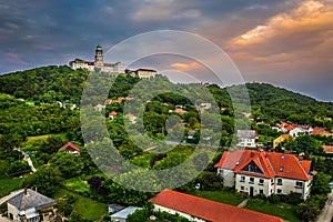 Pannonhalma, Hungary - Aerial view of the town of Pannonhalma with the beautiful Millenary Benedictine Abbey of Pannonhalma photo
