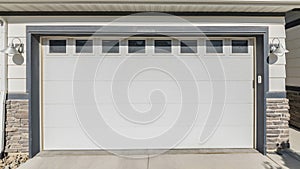 Pano Exterior of a garage of a house with stone bricks walls and windows