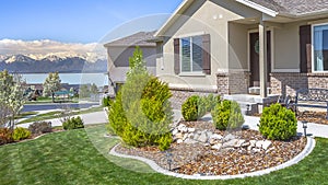 Pano Home with landscaped garden overlooking Utah lake and snowy Mount Timpanogos