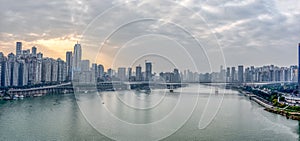 Pano view of Sunset over Jialing river with dense residential building in Chongqing, China