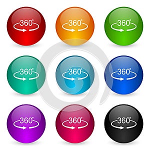 Panorama 360 icon set, colorful glossy 3d rendering ball buttons in 9 color options for webdesign and mobile applications