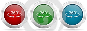 Panorama 360 vector icon set. Red, blue and green silver metallic web buttons with chrome border