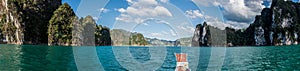 Panorama of Adventure at Khao Sok, tradiotional Thai Boat. Asia