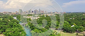 Panorama aerial Austin downtown from Barton Creek Greenbelt