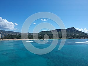 Panorama Aerial Drone View of Waikiki Beach Honolulu Hawaii USA taken from Diamond head. Resorts hotels on the white sandy beach