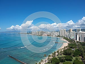 Panorama Aerial Drone View of Waikiki Beach Honolulu Hawaii USA taken from Diamond head. Resorts hotels on the white sandy beach