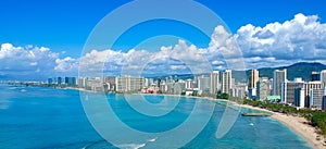 Panorama Aerial Drone View of Waikiki Beach Honolulu Hawaii USA taken from Diamond head. Resorts hotels on the white sandy beach