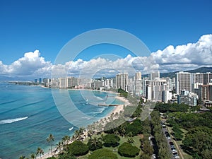 Panorama Aerial Drone View of Waikiki Beach Honolulu Hawaii USA taken from Diamond head. Resorts hotels on the white sandy beach