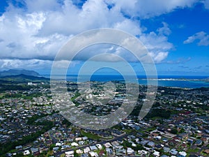 Panorama Aerial Drone View of Waikiki Beach Honolulu Hawaii USA taken from Diamond head. Resorts hotels on the white sandy beach