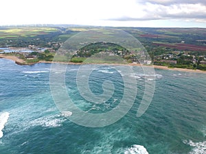 Panorama Aerial Drone View of Waikiki Beach Honolulu Hawaii USA taken from Diamond head. Resorts hotels on the white sandy beach